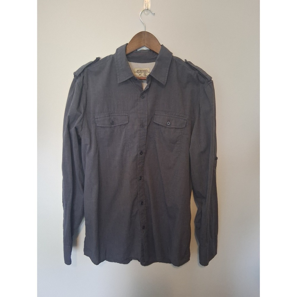 Military American Rag Cie Button Down Shirt Men L Grey Epaulette Roll Tab Sleeve